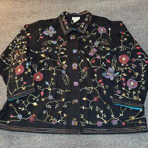 The Quacker Factory Beaded Embroidered Butterfly Floral Black Shirt Jacket 3XL